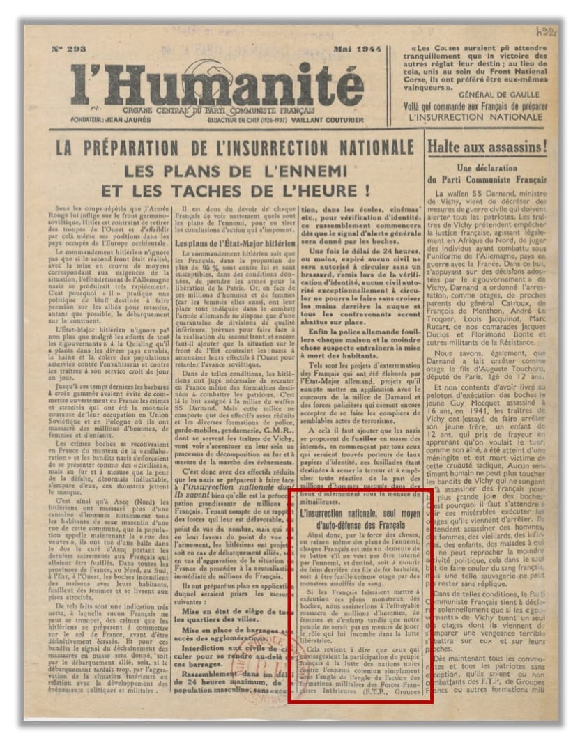 1 - Vers l’insurrection nationale 23 S14.PA1 .015 Humanite mai 1944 Mg MRJ MOI