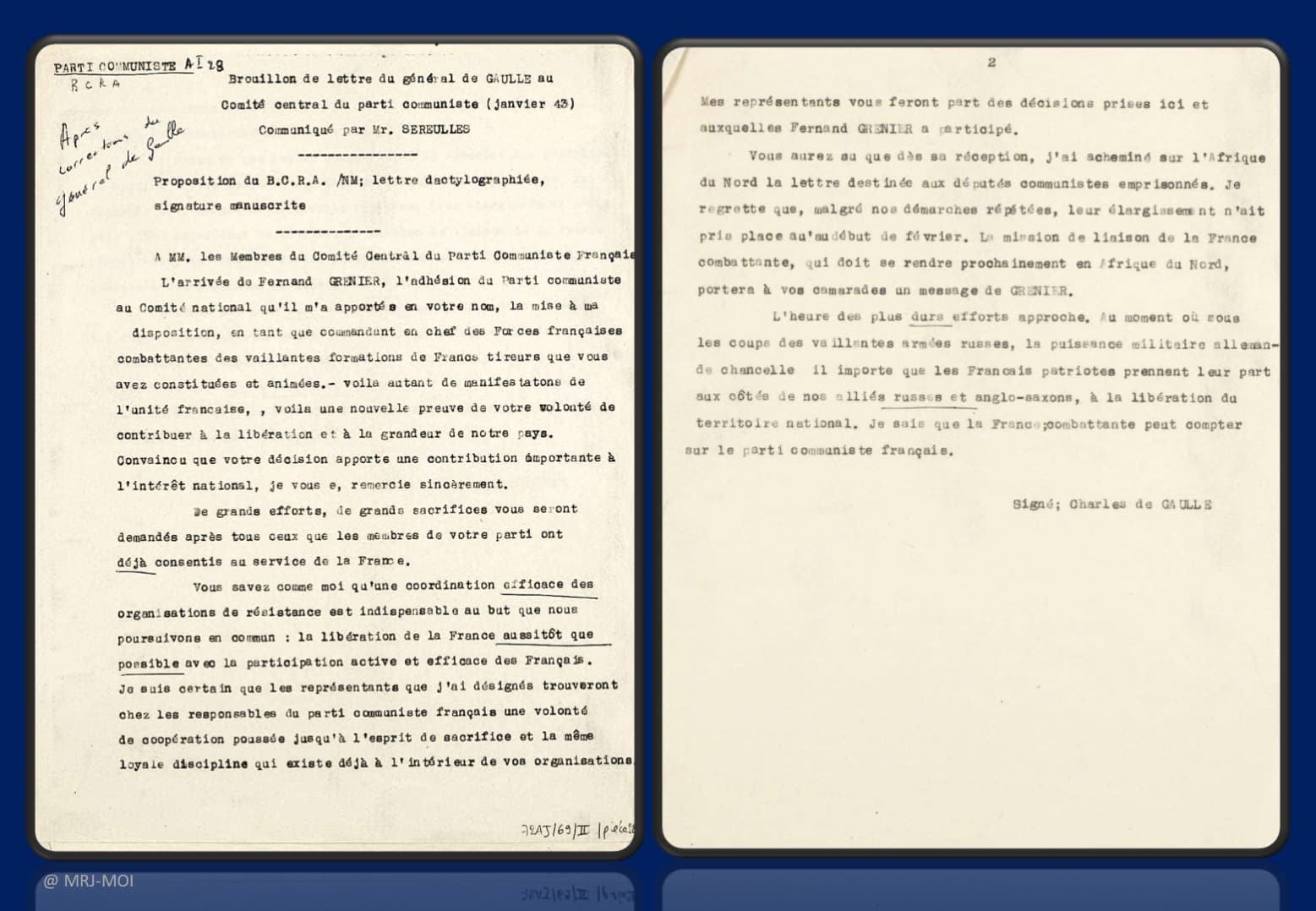 1 - Contre le nazisme et Vichy : convergence des forces 37 s11.pa1 .015 de gaulle pcf janv.1943 mg MRJ MOI