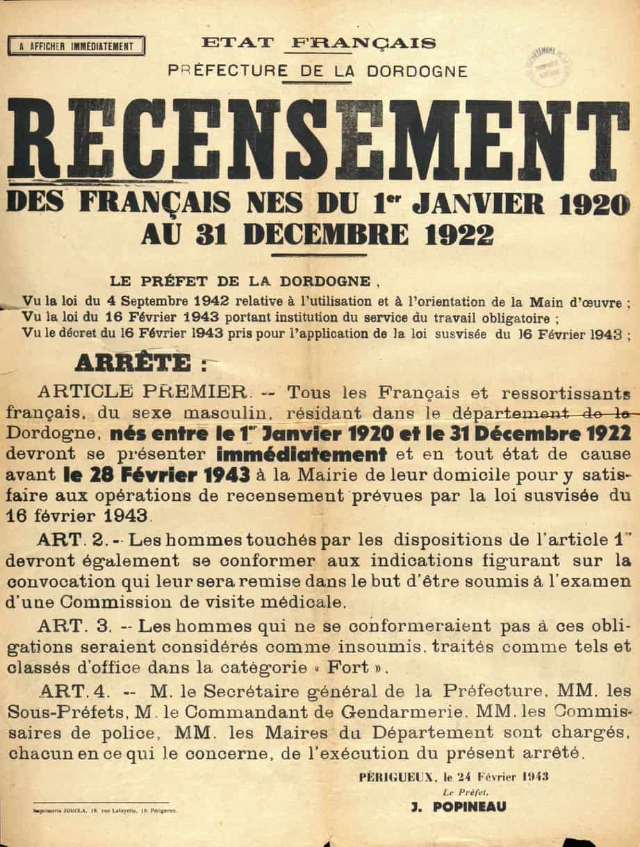 1 - Service du travail obligatoire et propagande 19 s12.pa1 .003 affiche recensement sto 1943 MRJ MOI