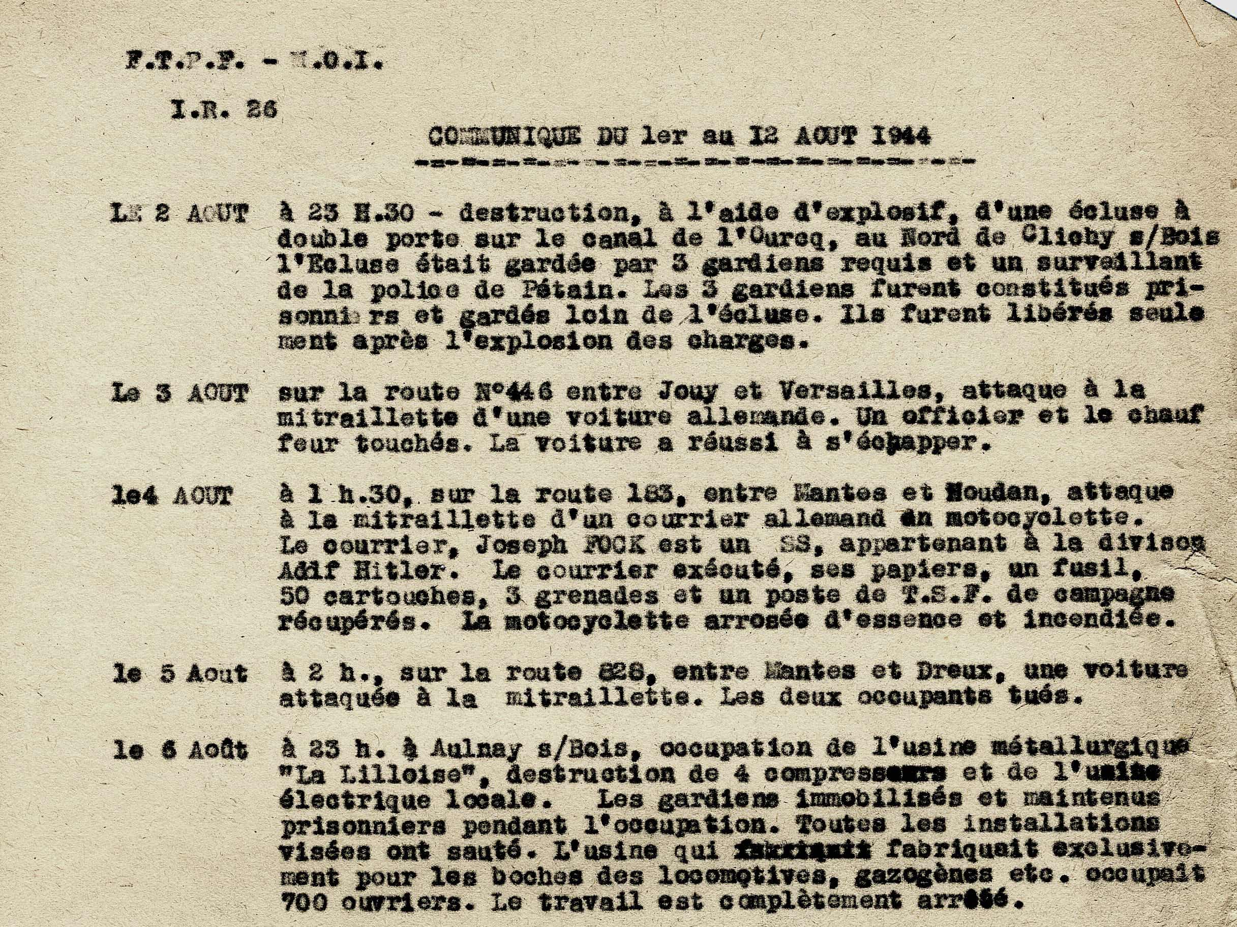 3 - Débarquement allié. Démultiplication des actions de Résistance 48 s14.pa3 .019 rapport actions ftp aout44 MRJ MOI