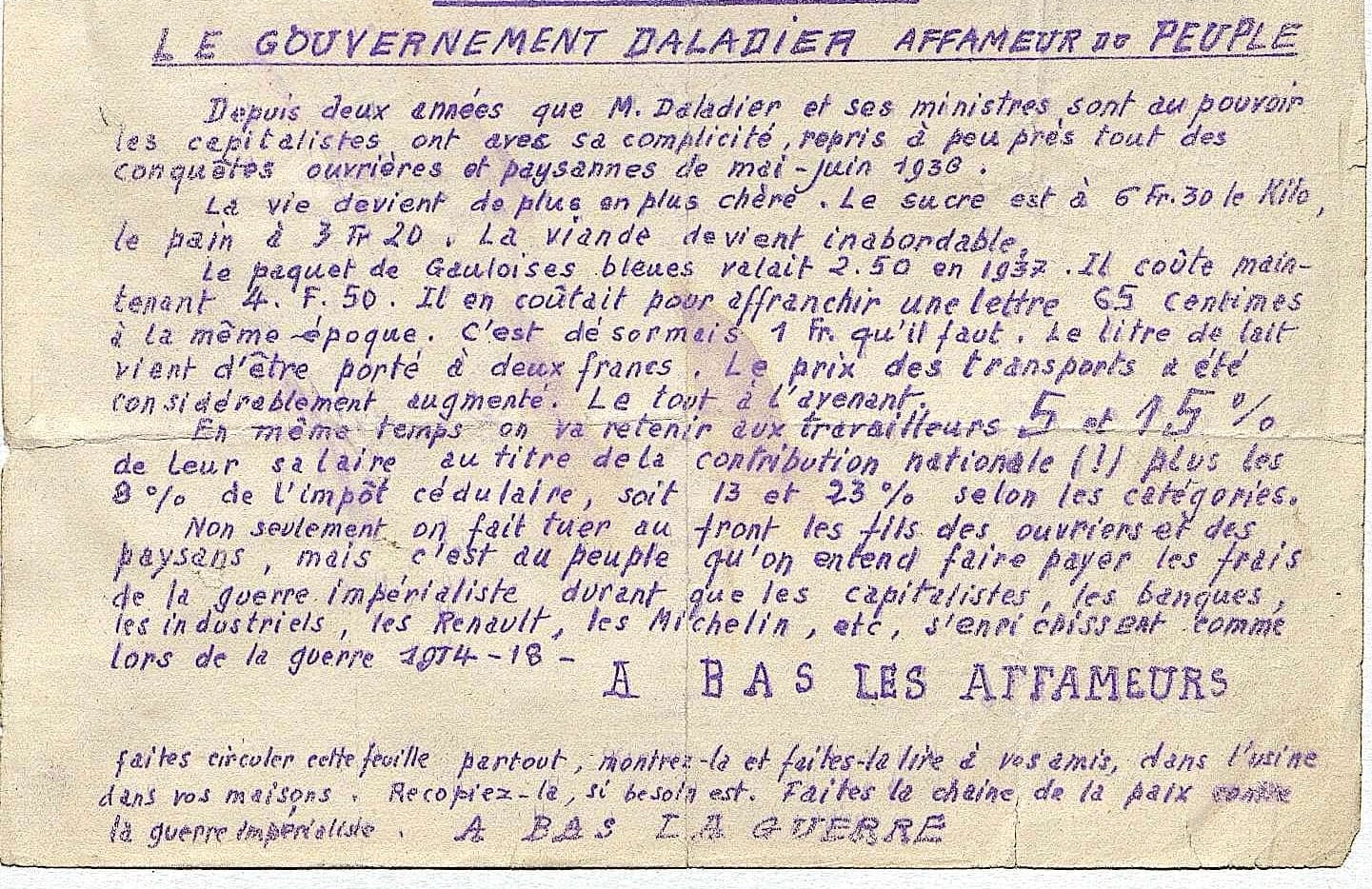 3 - Mise en place de l’information clandestine par la section juive de la M.O.I. 19 s2.pa3 .003 tract roneoext 1939 pcf MRJ MOI