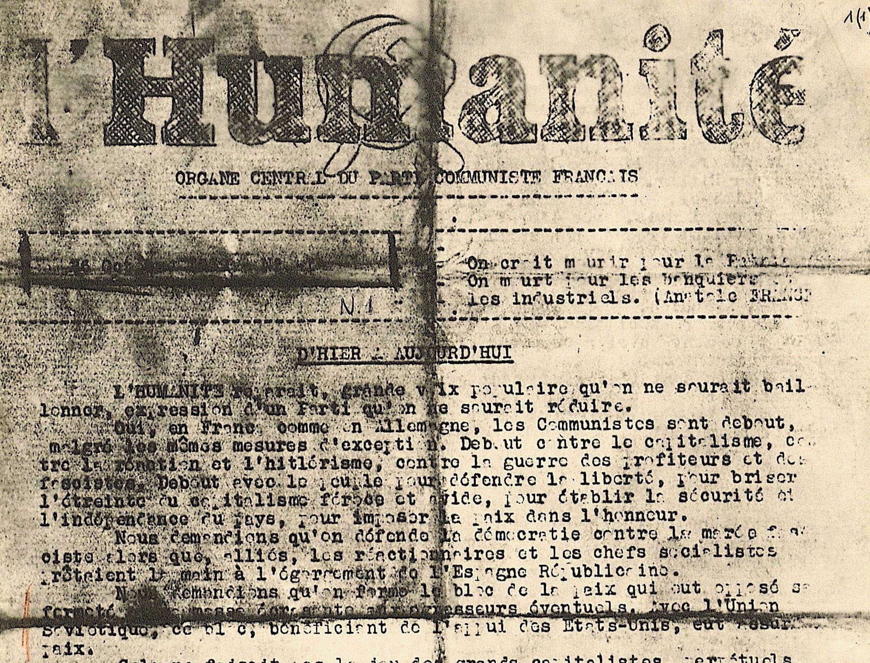 3 - Mise en place de l’information clandestine par la section juive de la M.O.I. 23 s2.pa3 .006 huma clandestine n1 26oct 1939 MRJ MOI