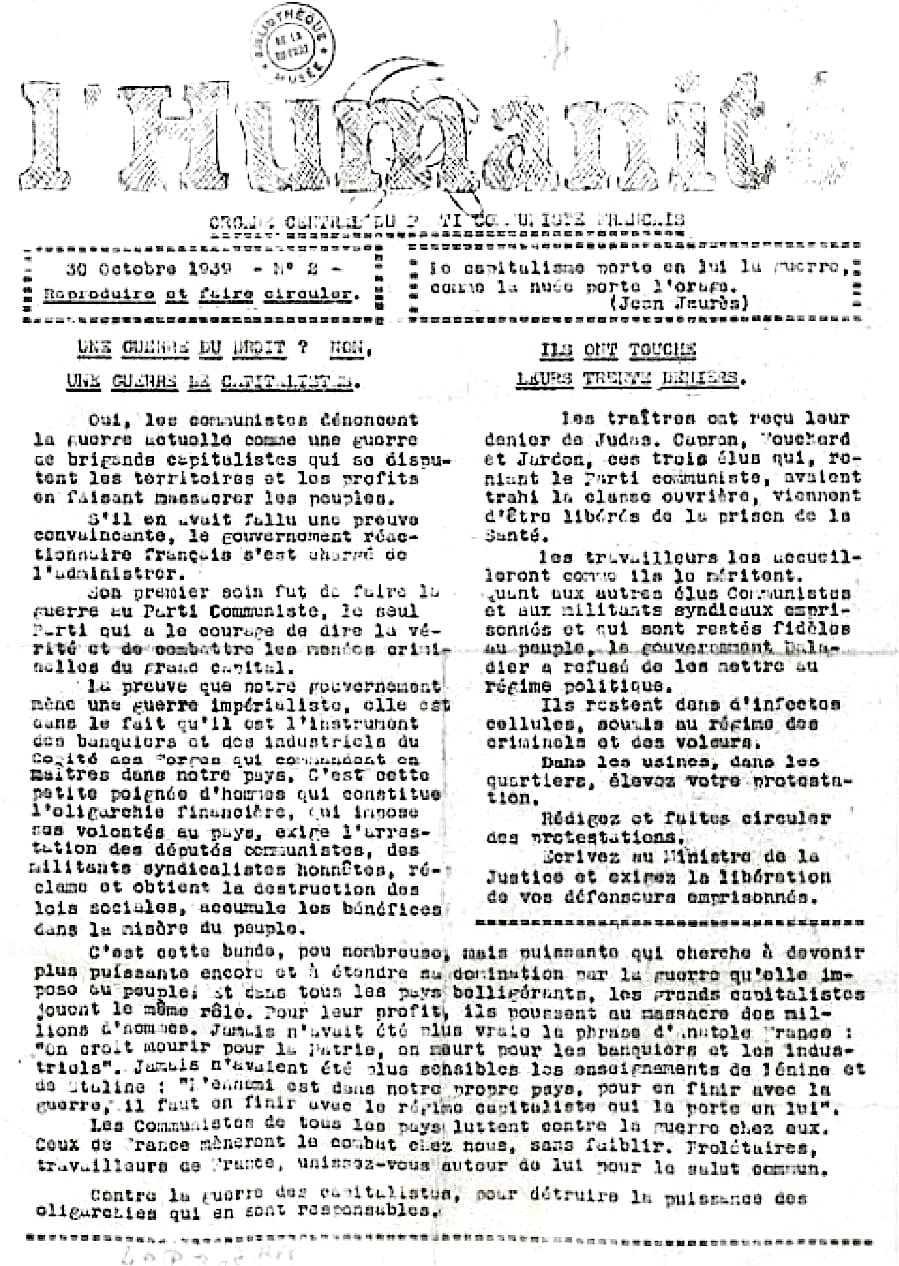 3 - Mise en place de l’information clandestine par la section juive de la M.O.I. 24 s2.pa3 .007 huma clandestine n2 30oct 1939 MRJ MOI