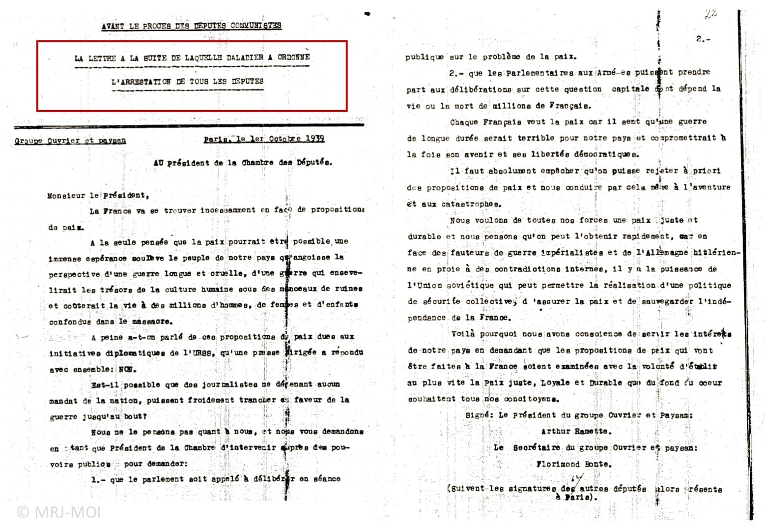 3 - Mise en place de l’information clandestine par la section juive de la M.O.I. 25 s2.pa3 .008 lettre depute oct39 mg MRJ MOI