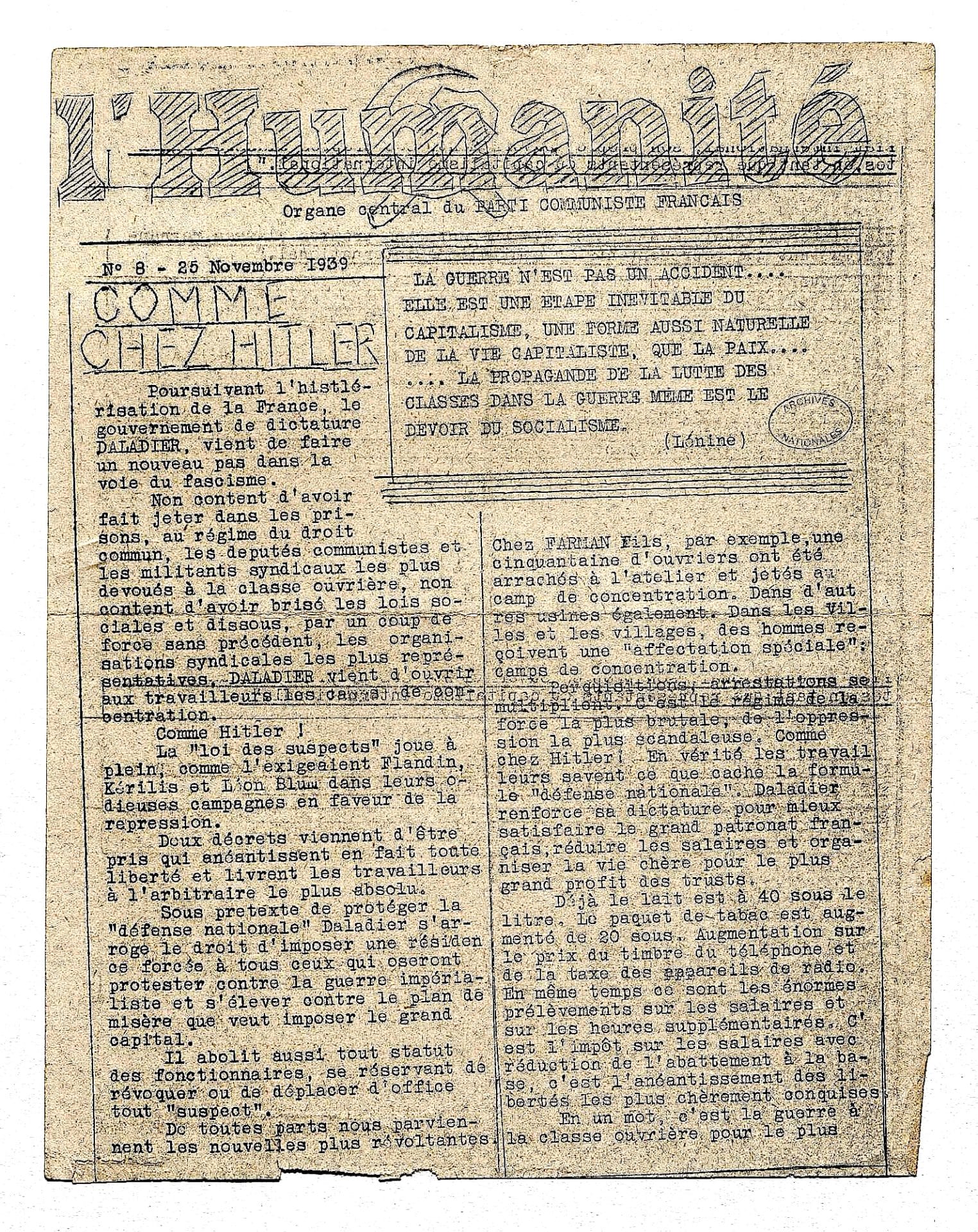 3 - Mise en place de l’information clandestine par la section juive de la M.O.I. 30 s2.pa3 .011 huma clandestine 25nov 1939 MRJ MOI