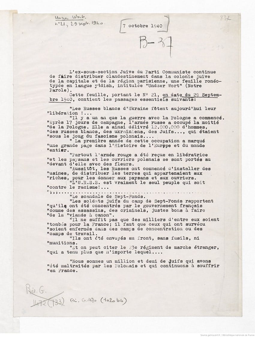 3 - Actions clandestines de la section juive de la M.O.I. 40 s3.pa3 .012 unzer wort 29sept 1940 MRJ MOI