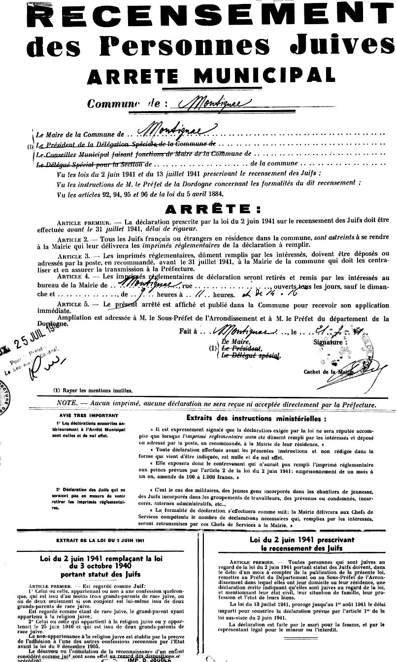 4 - Second statut des Juifs 33 s4.pa4 .008 recensement juifs dordogne min MRJ MOI