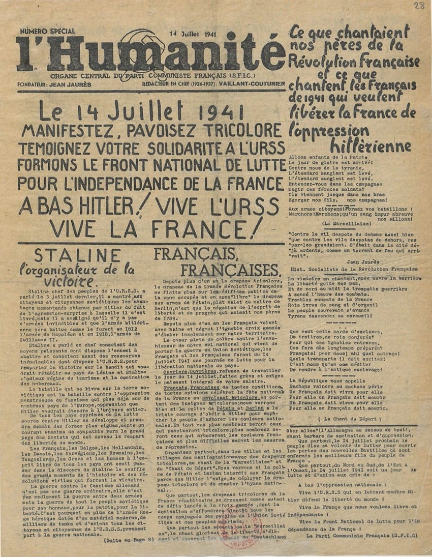 2 - Résistance armée, Résistance civile 35 s5.pa2 .013 humanite 14 juillet 1941 MRJ MOI
