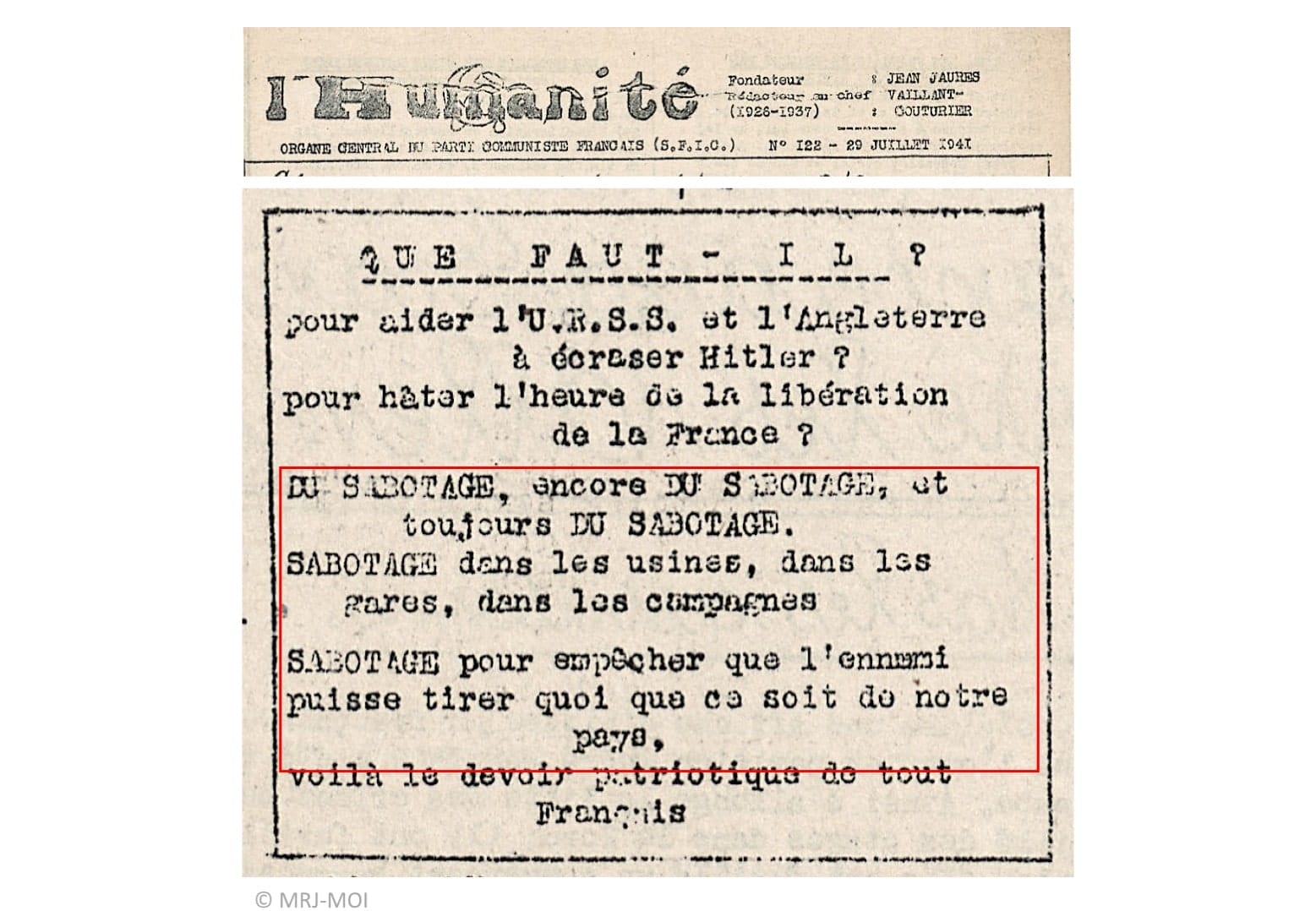 3 - Manifestations anti-hitlériennes et répression 41 s5.pa3 .010 humanite 25 juil41 mg MRJ MOI