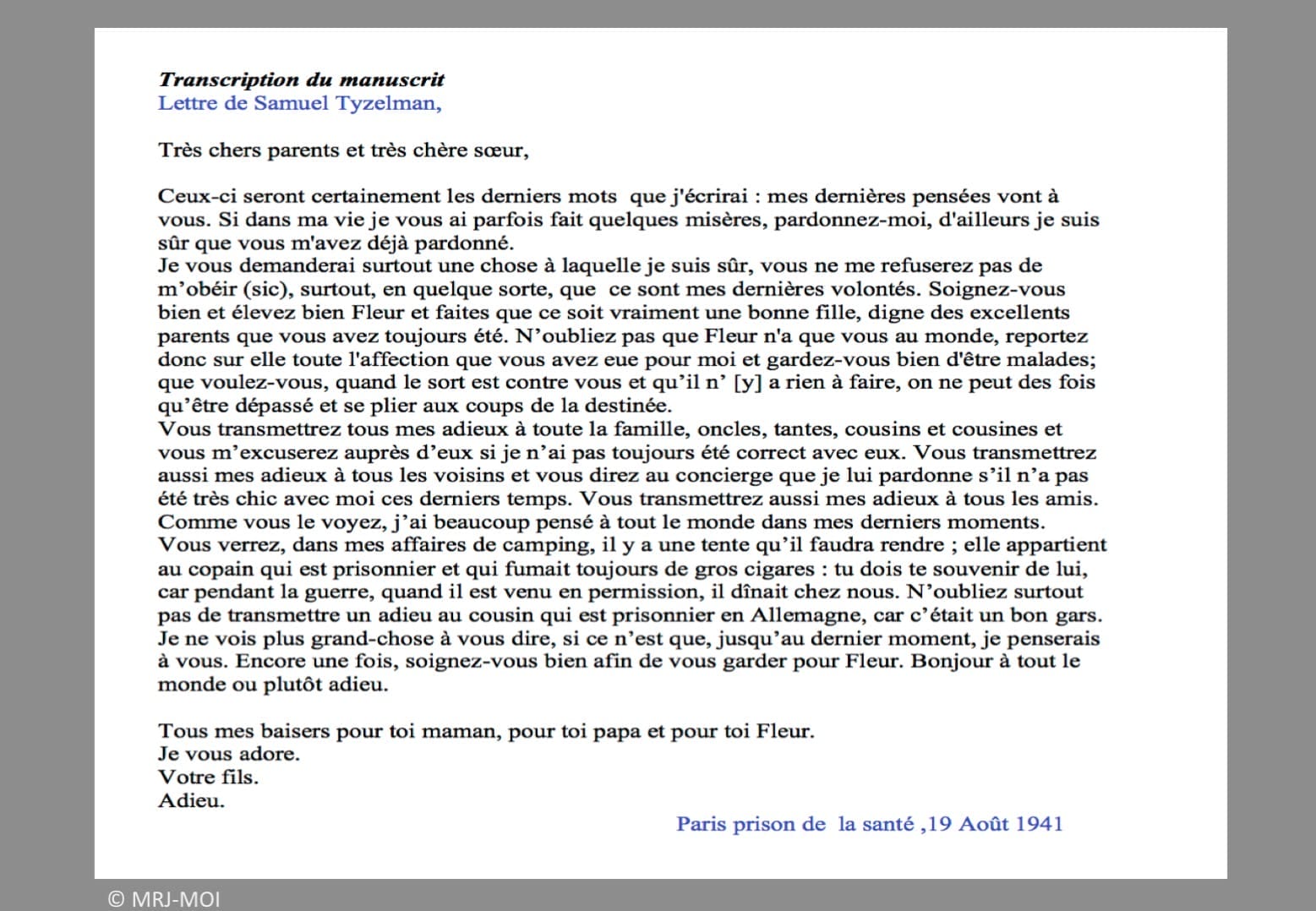 3 - Manifestations anti-hitlériennes et répression 52 s5.pa3 .020 lettre tyszelman transcrip mg MRJ MOI